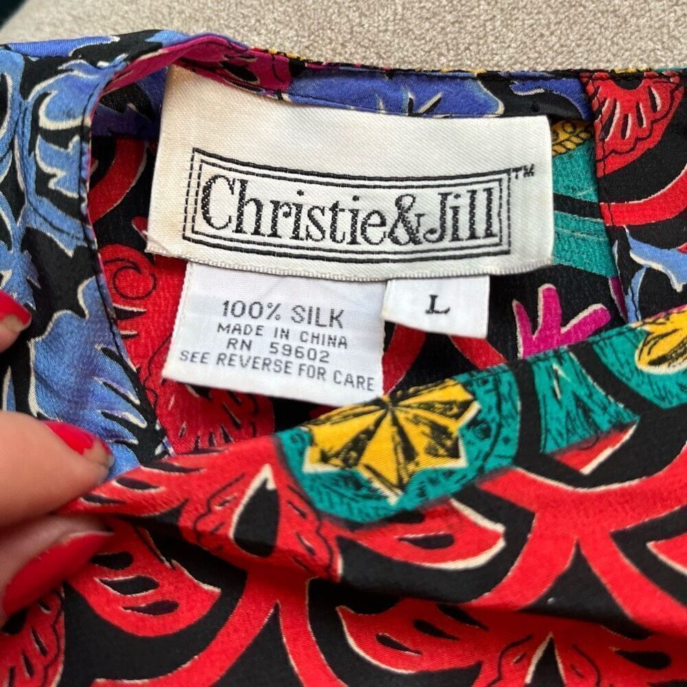 Vintage 80s 100% Silk Bright Colorful Print Sleeve, SZ L - Picture 3 of 12